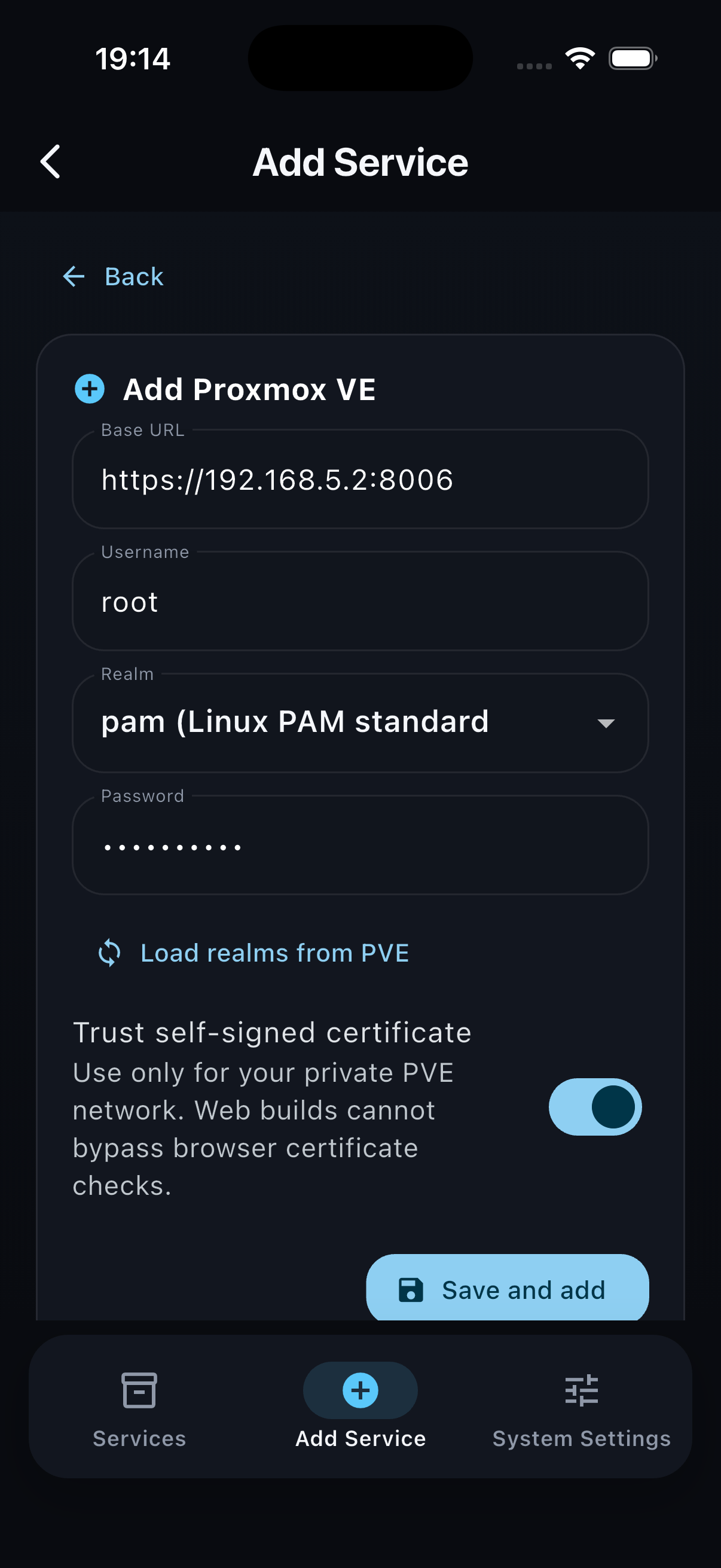 Add Proxmox VE screen with base URL, username, realm, and certificate options